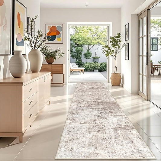RUUGME Washable Hallway 4x12 Rug - Abstract Runner Rugs for Living Room Non Slip Rubber Backing Indoor Entryway Carpet for Bedroom Kitchen Soft Low Pile Stain Resistant Floor Decor Mat 4x12 Brown