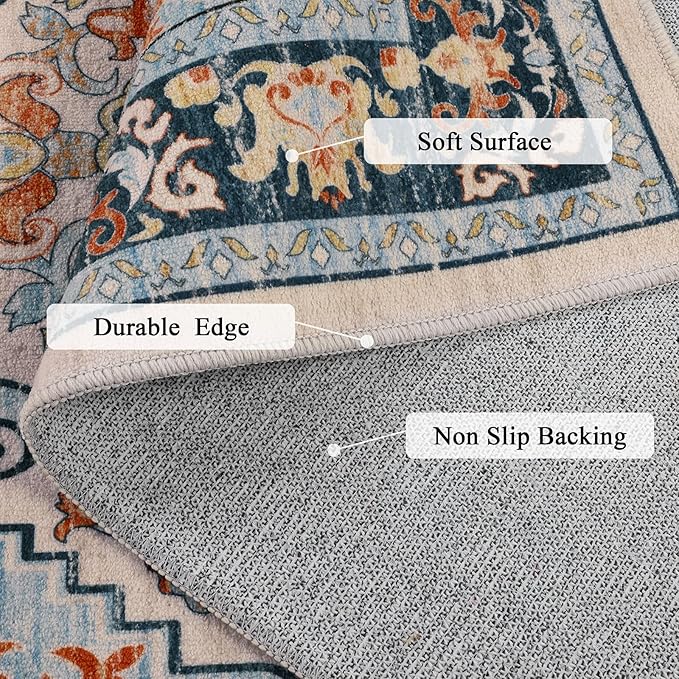 U'Artlines Boho Vintage Area Rug 8x10 Machine Washable Low Pile Soft Floor Carpet Non Slip Non Shedding Accent Rug for Living Room Bedroom Entryway Dining Room Office Orange Blue
