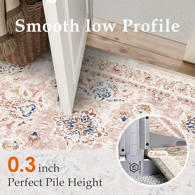 2x3 Washable Area Rug Pink Neutral Carpet for Entryway Floral Distressed Non-Slip Low Pile Soft Lightweight Vacuumable Throw Rug Small Door Mat for Kitchen Entrance Bathroom