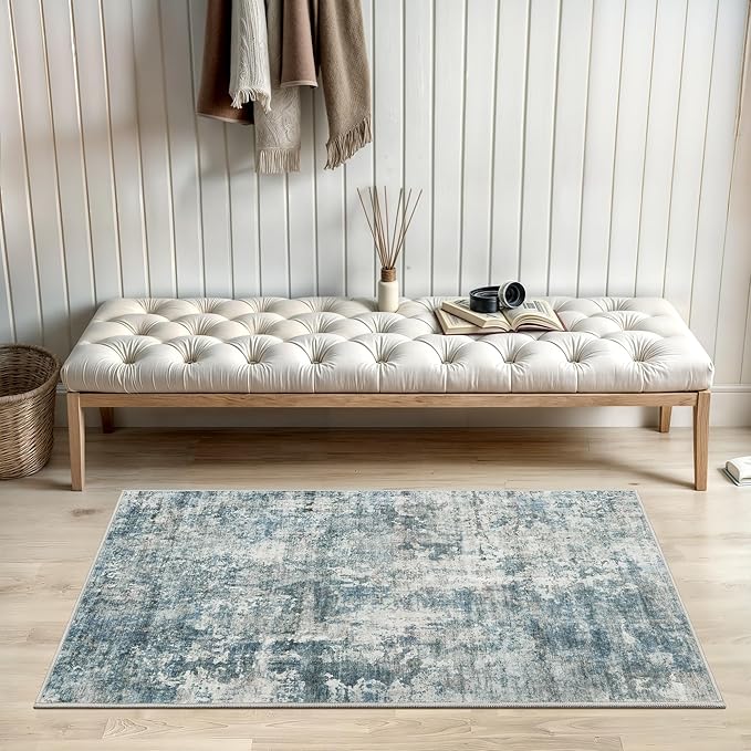 2x3 Abstract Washable Rugs for Kitchen, Floor, Entryway, Powder Room Small Area Rug Non-Slip Vintage Rug Low Pile Throw Door Mat Blue