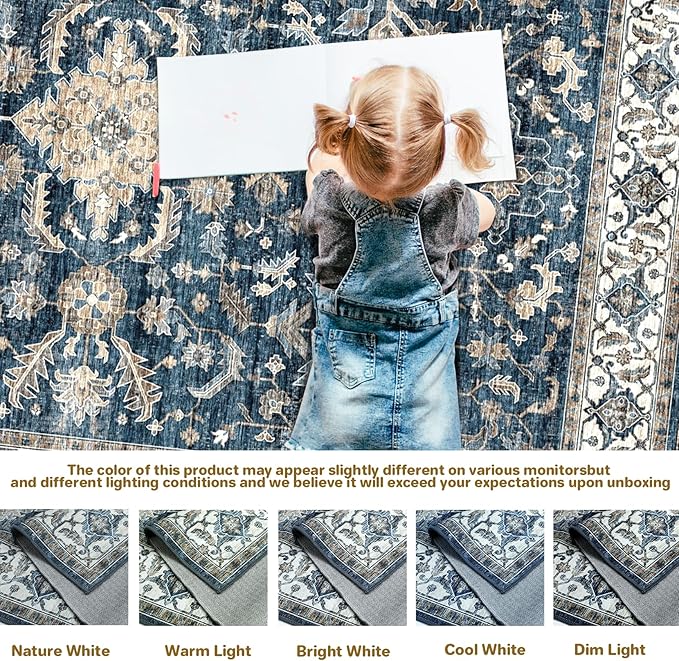 Vintage Ultra-Thin Distressed Medallion Rug, 4x6 Washable Low-Pile for Bedroom, Dining, Entryway, Bathroom, Living Room