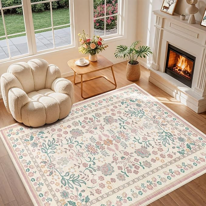 10x14 Area Rug Living Room Rugs - Washable Boho Vintage Floral Large Soft Non Slip Thin Rug Low Pile Carpet for Bedroom Dining Room Kids Playroom Office Decor Indoor- Pink