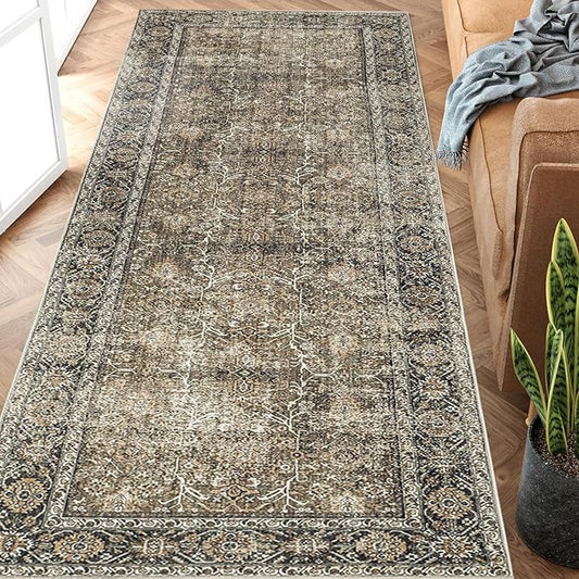 Brown Runner Rug 3x7 Vintage Area Carpet Hallway Long Indoor Kitchen Washable Living Room Low Pile Traditional Distressed Retro Accent Throw Rug Non Slip Laundry Bathroom Office Dining Room