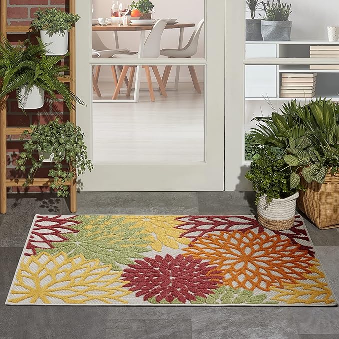 Nourison Aloha Indoor/Outdoor Floral Red Multi Colored 2'8" x 4' Area Rug, (3' x 4')