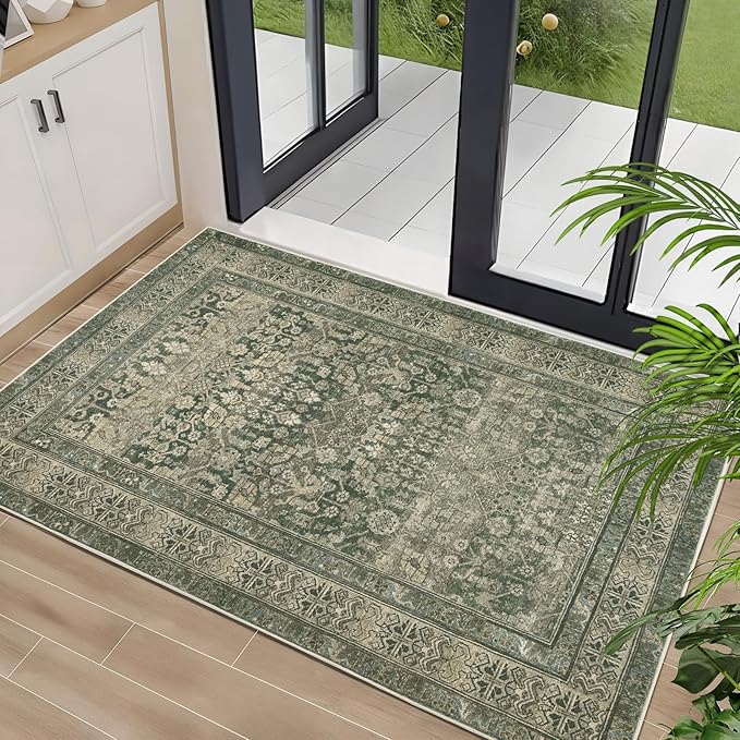 Vintage Washable Area Rug for Living Room,Low Pile 8x10 Non Slip Carpet Non-Shedding Area Rug Soft Indoor Stain Resistant Rug Floral Print Mat for Bedroom Dining Room Green