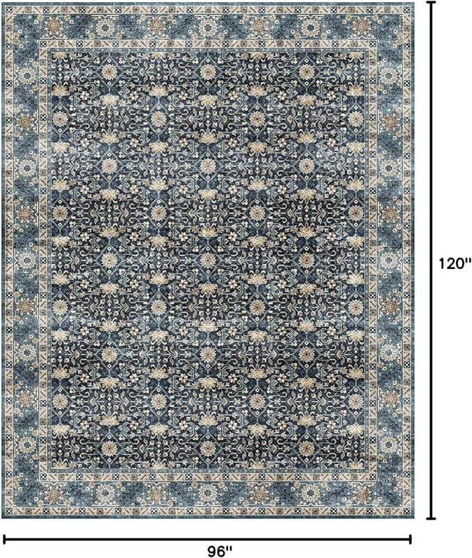 Dripex 8x10 Area Rugs, Machine Washable Non Slip Distressed Boho Rugs,Large Area Rug for Bedroom Aesthetic, No Pile Lightweight Vintage Rug, Carpet for Living Room Dining Room Apartment Den,Navy Blue
