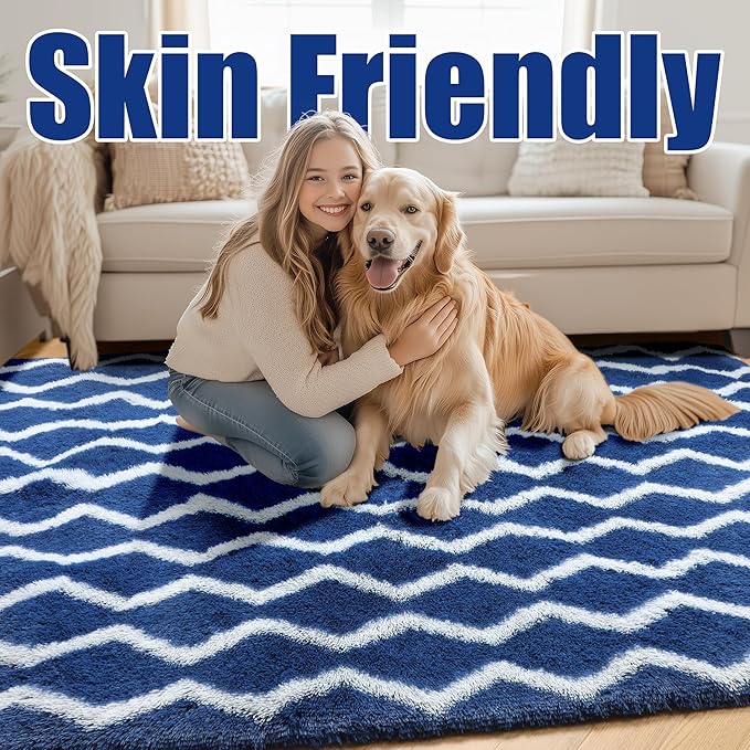RUGTUDER Fluffy Rugs for Bedroom, 4x6 Washable Shag Striped Rug Fuzzy Plush Rug for Living Room, Chevron Pattern Soft Shaggy Area Rug for Kids Boys Room Teen Dorm Classroom Decor, Navy Blue and White