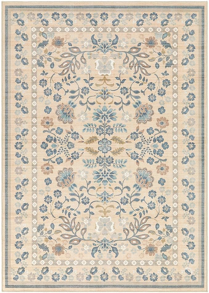 10x14 Area Rug Living Room Rugs - Washable Boho Vintage Floral Large Soft Non Slip Thin Rug Low Pile Carpet for Bedroom Dining Room Kids Playroom Office Decor Indoor- Multi Color