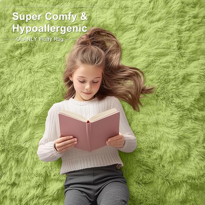 OLANLY 2x5 Machine Washable Runner Rugs for Hallway, Soft Fluffy Shaggy Bedside Rugs for Bedroom, Living Room, Indoor Floor Carpet for Kids Girls Boy, Nursery Rooms, Home Decor Aesthetic, Grass Green