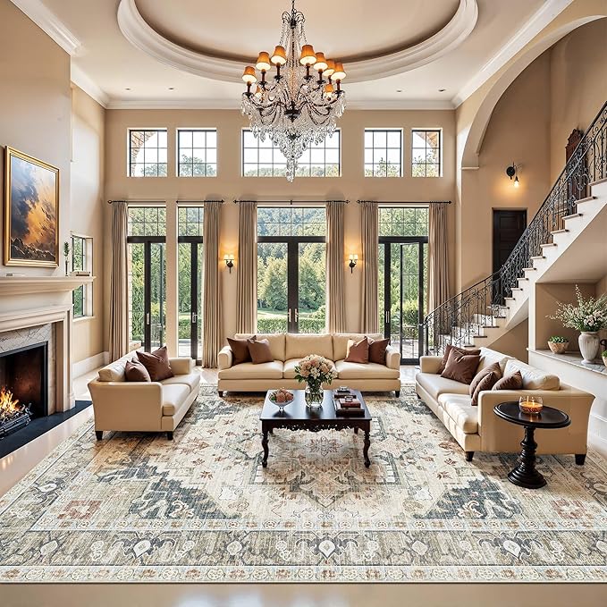 Kokia Washable Area Rugs 9x12 Living Room Boho Non Slip Thin Carpet Stain Resistant Vintage Linen Printed Oriental Distressed Rug for Bedroom Low Pile