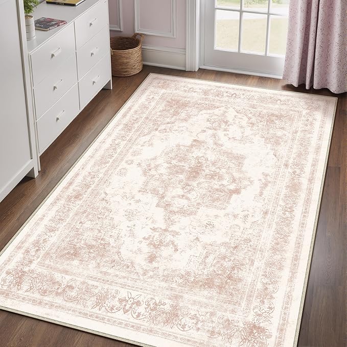 Washable Rug 6x9 Area Rug for Living Room Pink Vintage Boho Medallion Large Distressed Retro Carpet Non Slip Indoor Low Pile Small Soft Bedroom Dining Room Home Office