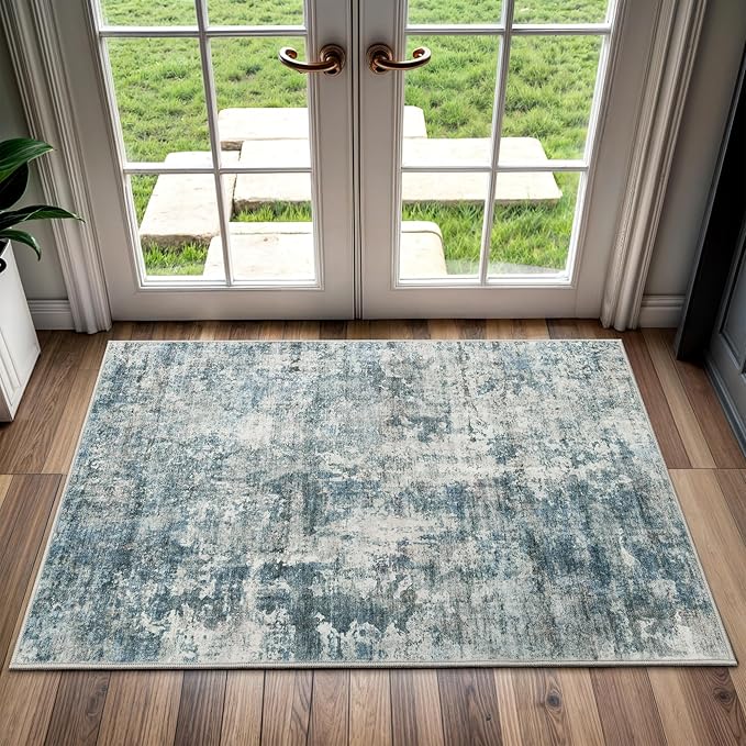 2x3 Abstract Washable Rugs for Kitchen, Floor, Entryway, Powder Room Small Area Rug Non-Slip Vintage Rug Low Pile Throw Door Mat Blue