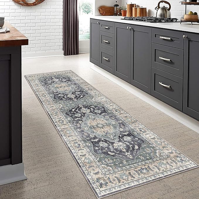 2x6 Washable Runner Rug Non Slip Long Bathroom Hallway Runner Rug Vintage Blue Boho Area Rug Soft Carpet for Bedroom Runner Rugs for Kitchen Laundry Entryway