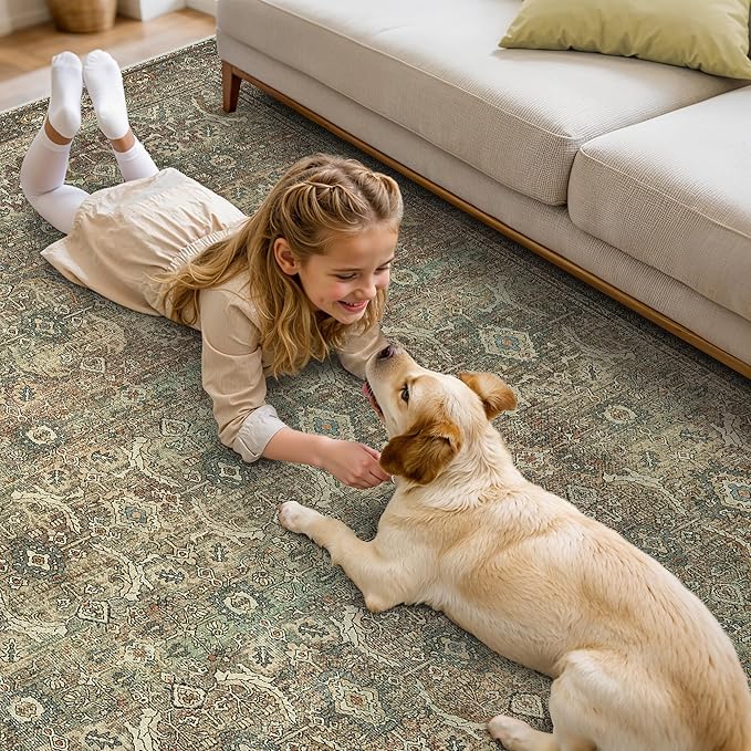 8X10 Area Rugs Machine Washable Rugs for Living Room, Vintage Boho Large Rugs for Bedroom Dining Room, Non Slip Indoor Soft Distressed Lightweight Thin Low Pile Carpet, Green Faded Red