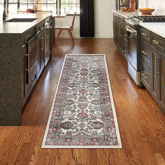 Superior Indoor Runner Rug, with Jute Backing, Chic Bordered Floor Decor for Living Room, Bedroom, Office, Entryway, Kitchen, Dining, Floral Design, Lille Collection, 2' 7" x 10', Brown-Salmon