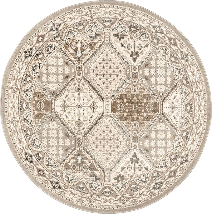 nuLOOM 8' Round Becca Traditional Tiled Area Rug, Becca Taupe, Faded Transitional Design, Stain Resistant, for Bedroom, Dining Room, Living Room, Hallway, Office, Kitchen, Entryway