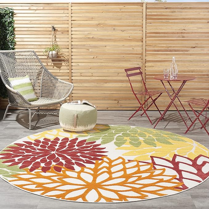 Nourison Aloha 94" Round Fabric Indoor/Outdoor Rug in Red Multi-Color