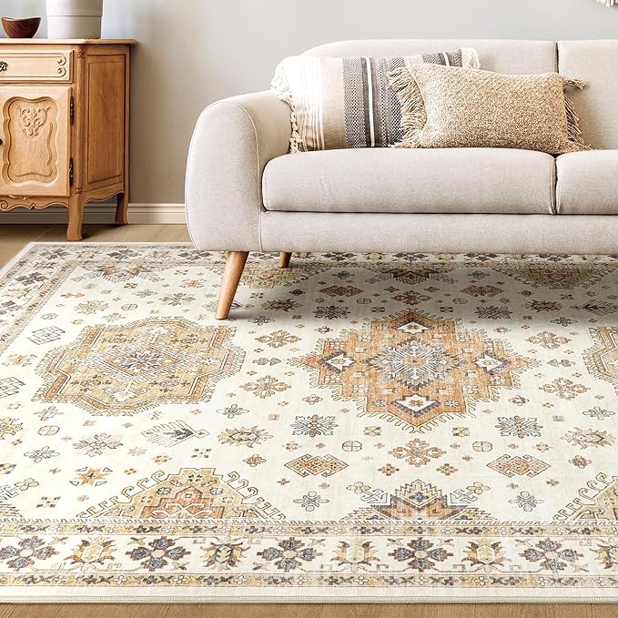 Washable Area Rugs for Living Room -9x12 Neutral Vintage Distressed Floral Farmhouse Boho Large Soft Floor Rug Indoor Non Slip Carpet for Living Room Bedroom Dining Room Office - Orange/Yellow/Beige