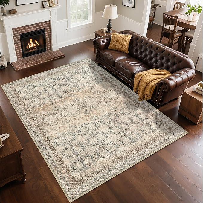 4x6 Area Rug for Bedroom Machine Washable, Non Slip Vintage Floral Kitchen Rugs for Dining Room, Rustic Indoor Floor Carpet for Nursery, Farmhouse, Office Classroom Beige/Pink/Orange