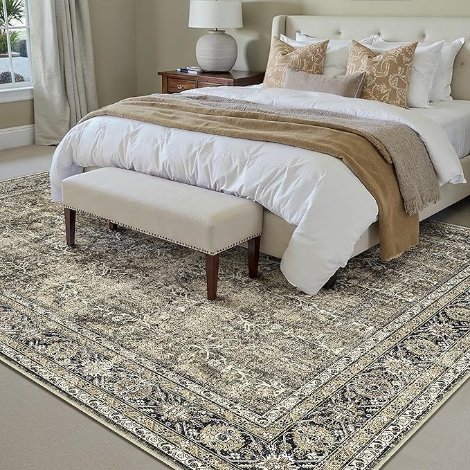 Vintage Area Rug 8x10 Brown Washable Living Room Large Carpet Non Slip Bedroom Indoor Office Low Pile Traditional Distressed Retro Accent Rug for Dining Room
