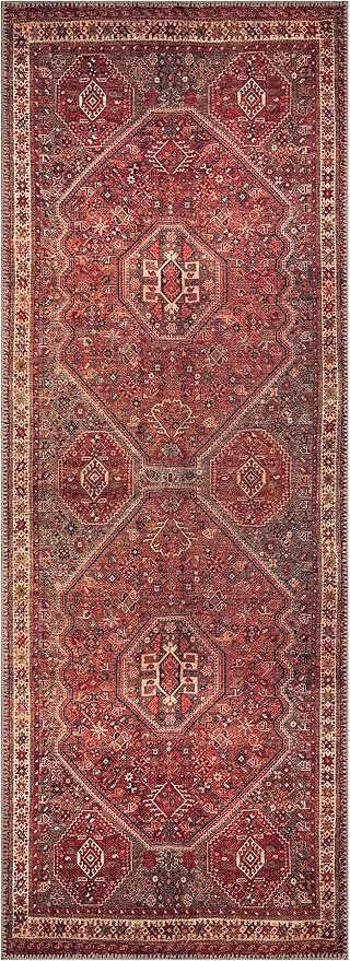 Keen Home Design Machine Washable Area Rugs with Non-Slip Backing, Ideal for Hallway, Living Room, Bedroom, Kitchen and Laundry Room, Vintage Moroccan and Low Pile Rug - (2'6'' x 12'), Red/Brown