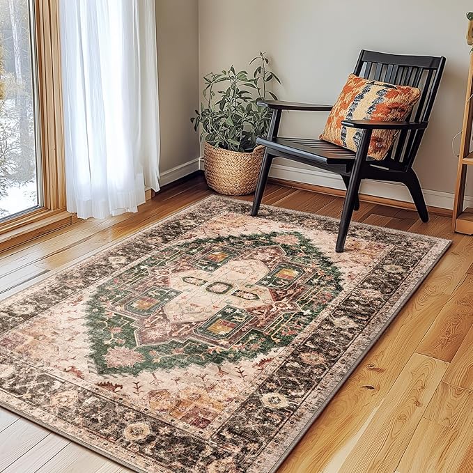 Washable 4x6 Area Rugs, Rugs for Living Room, Low-Pile Water&Stain Resistant Carpet Vintage Distressed Printed Non-Slip Carpet for Bedroom Bathroom Kitchen-Green
