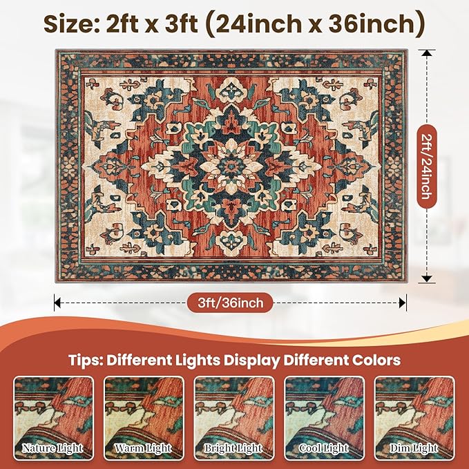 2x3 Machine Washable Non-Slip Area Rug & Mat - Soft Faux Wool & Polyester, Boho Stain-Resistant Indoor Throw Carpet for Entryway, Kitchen, Bathroom, Bedroom, Living, Low Pile, High Traffic
