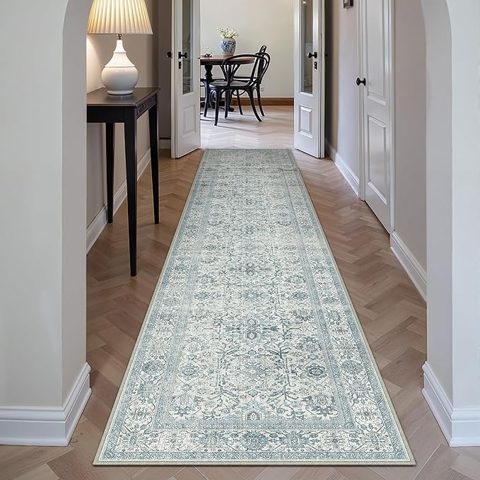 Blue Runner Rug 2x10 Vintage Area Carpet Hallway Long Indoor Kitchen Washable Living Room Low Pile Traditional Distressed Retro Accent Throw Rug Non Slip Laundry Bathroom Office Dining Room