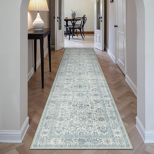 Blue Runner Rug 2x10 Vintage Area Carpet Hallway Long Indoor Kitchen Washable Living Room Low Pile Traditional Distressed Retro Accent Throw Rug Non Slip Laundry Bathroom Office Dining Room