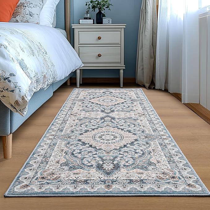 Foxmas Hallway Runner Rug, 2x6 Vintage Kitchen Runner Area Rugs Non Skid Washable, Low Pile Throw Rugs with Rubber Backing Carpet for Laundry Room Entryway Bedroom Home Decor, Blue