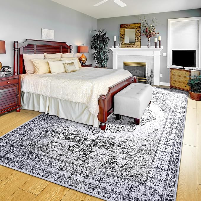 YJ.GWL Area Rug for Living Room, 4x6 Machine Washable Boho Rug for Bedroom, Low Pile Lightweight Thin Rugs Floral Vintage Distress Print Pattern Carpet for Dining Room, Navy/White