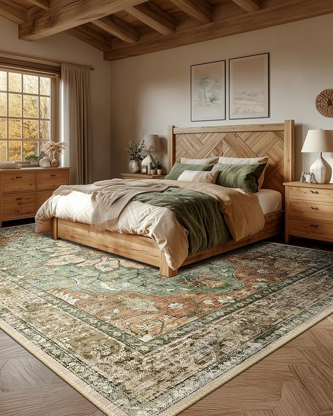 Area Rugs Square 8ft Washable Non-Slip, Floral Vintage Distress Print Pattern Medallion Carpet for Living Room Bedroom Dining Room, Brick Red Rust Red Neutral