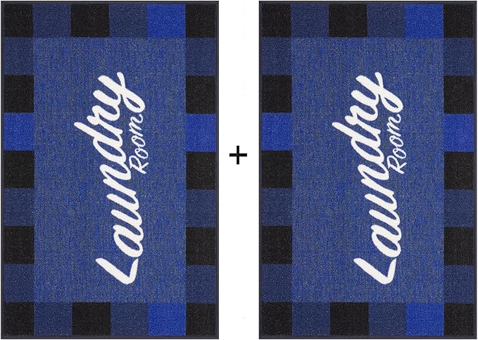 Ottomanson Machine Washable Checkered Border Laundry Room Rug Non-Slip Rubberback 2x3 Pack of 2 Laundry Area Rug for Laundry Room, Bathroom, Washroom, 26" x 35" - Pack of 2, Blue