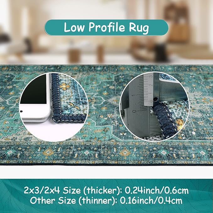Moynesa Ultra-Thin Washable Vintage Area Rug - 3x5 Boho Entry Throw Rug Non-Slip Oriental Medallion Bedroom Mat Non-Shedding Indoor Floor Carpet for Living Laundry Room, Teal/Mutil