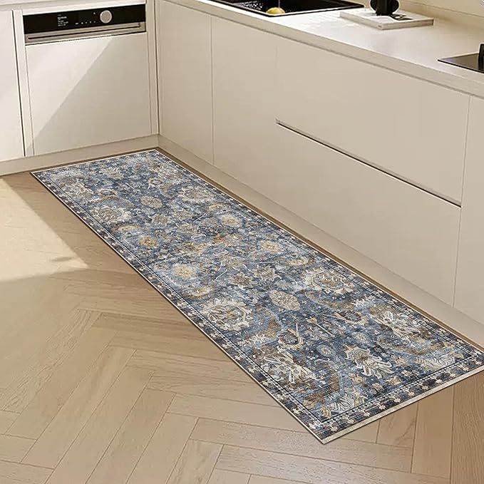 Washable Area Rugs - Perfect for Living Room, Bedroom, Kids Room, Nursery - Stain & Water Resistant Non-Slip, Pet & Child Friendly, Vintage Tribal Area Rugs (Navy, 2'6'' x 8')