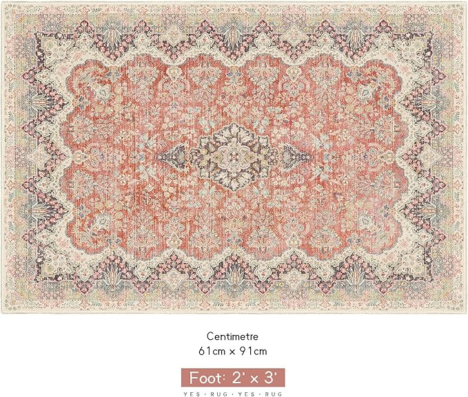 Small Rug 2x3 Boho Rugs for Entryway, Vintage Washable Area Rug for Bathroom Kitchen Bedroom, Non Slip Soft Accent Distressed Floor Throw Carpet, Red Grey