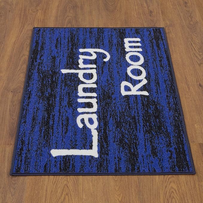 Machine Washable Text Design Laundry Room Rug Non-Slip Rubberback 2x3 Laundry Area Rug for Laundry Room, Bathroom, Washroom, 26" x 35", Black/Blue