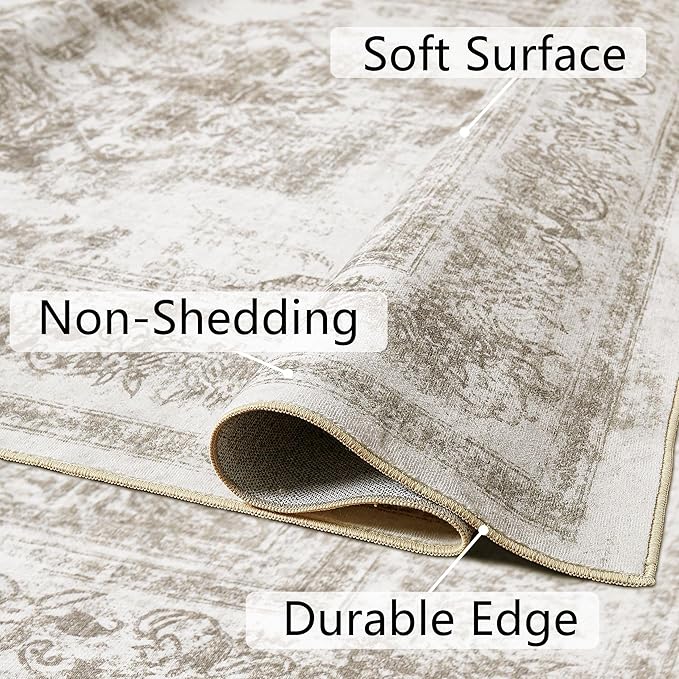 Washable Rug 8x10 Area Rug for Living Room Taupe Vintage Boho Medallion Large Distressed Retro Carpet Non Slip Indoor Low Pile Small Soft Bedroom Dining Room Home Office
