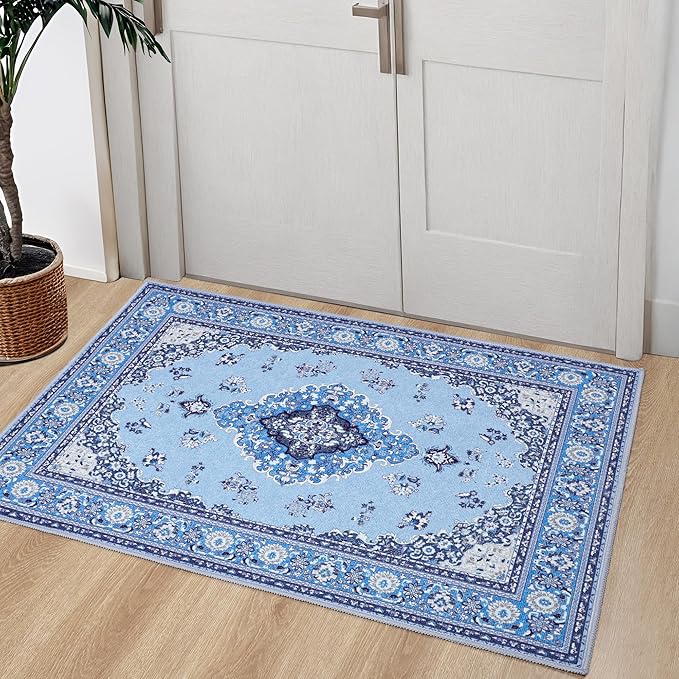 Tepook 2x3 Vintage Washable Rug - Non-Slip Low-Pile Door Mat for Entryway, Kitchen, Bedroom, Bathroom, Foyer - Indoor Throw Rug in Blue