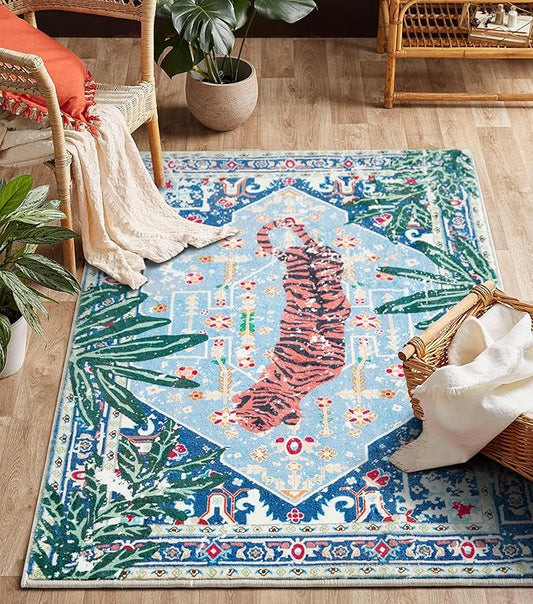 Washable Oriental Rugs Boho Vintage Tropical Jungle 5x7 Area Rugs Thin Plant Oriental Carpet for Bedroom Kitchen Dining Living Room Office Distressed Indoor Entry Floor Rug