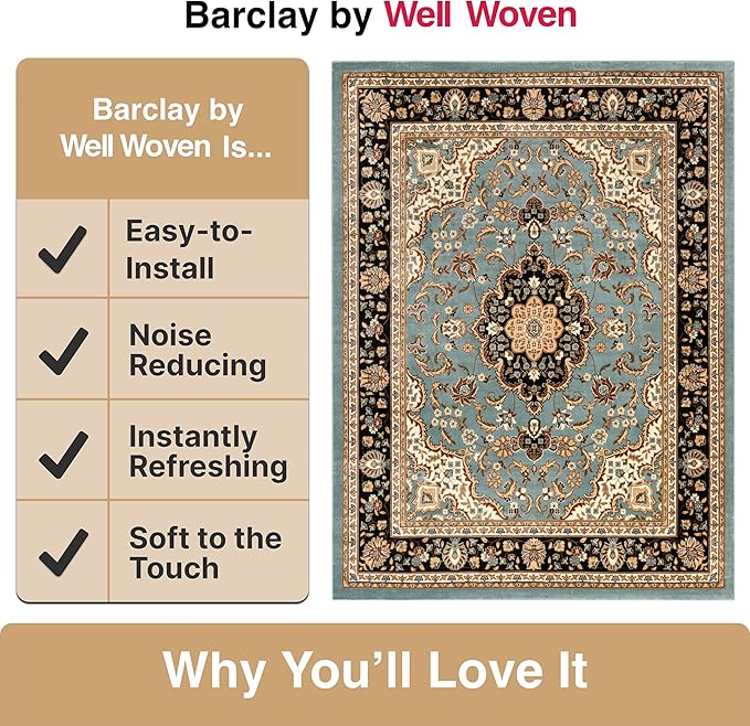 Well Woven Barclay Collection Medallion Kashan Light Blue 4 ft Round Rug - for Entryways, Small Bedrooms, Living Rooms