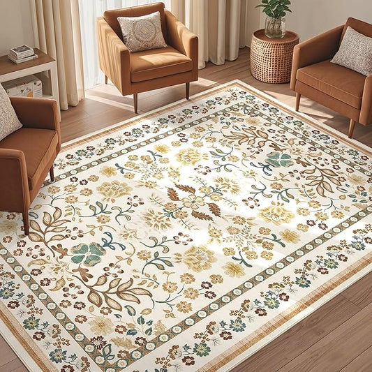 5x7 Area Rug Living Room Rugs - Washable Boho Vintage Floral Large Soft Non Slip Thin Rug Low Pile Carpet for Bedroom Dining Room Kids Playroom Office Decor Indoor- Brown
