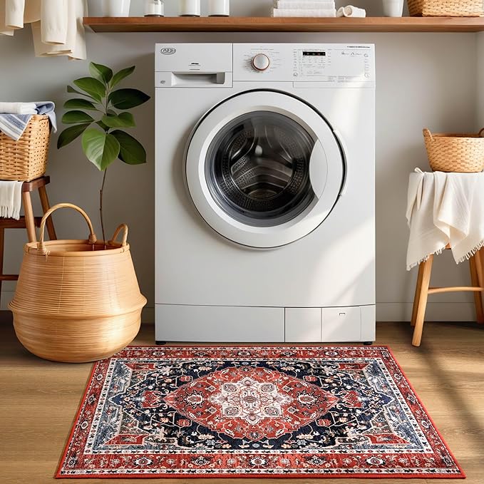 YJ.GWL Doormat Boho Area Rug 2x3, Machine Washable Small Low Pile Lightweight Thin Entryway Rug, Floral Vintage Distress Print Pattern Carpet for Entrance Kitchen Bedroom, Red