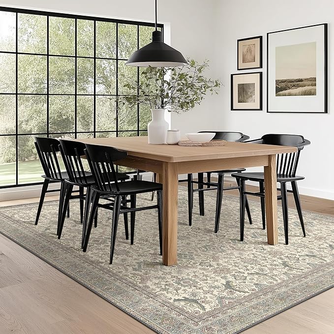 8X10 Area Rugs Machine Washable Rugs for Living Room, Vintage Boho Large Rugs for Bedroom Dining Room, Non Slip Indoor Soft Distressed Lightweight Thin Low Pile Carpet, Cream