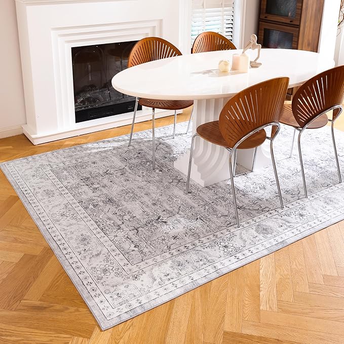Carvapet Grey Rugs for Living Room, Vintage Low Pile Large Carpet with Rubber Backing, Foldable, Non Slip Machine Washable (9 x 6 Feet Rectangular, Grey Area Rug)