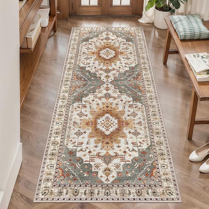 2x5 Washable Runner Rug for Hallways, Non Slip Vintage Runner Rug, Soft Low Pile Long Rug Runner, Print Distressed Turmeric Carpet Runners for Kitchen Bedroom Entryway Bathroom Living Room