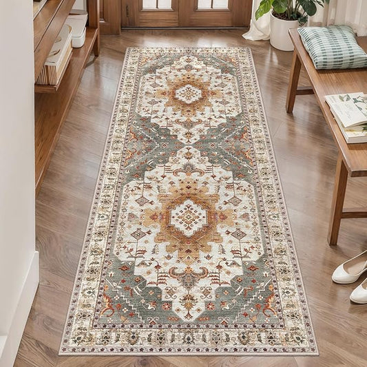 2x5 Washable Runner Rug for Hallways, Non Slip Vintage Runner Rug, Soft Low Pile Long Rug Runner, Print Distressed Turmeric Carpet Runners for Kitchen Bedroom Entryway Bathroom Living Room