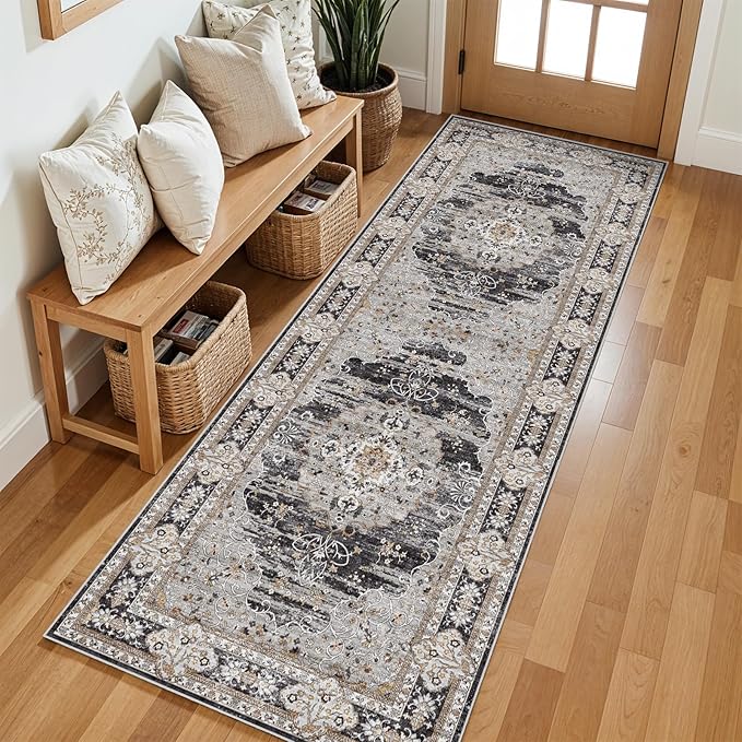 2x6 Runner Rug for Hallway Washable: Non Slip Kitchen Rugs with Rubber Backing Soft Waterproof Mats Stain Resistant Indoor Vintage Carpet Runner for Bedroom Bathroom Laundry Entryway Black/Gray