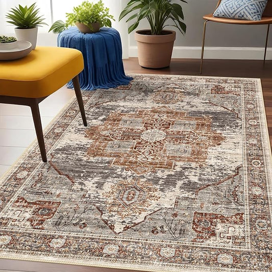 Washable 3x5 Area Rugs - Vintage Area Rug for Living Room Stain Resistant Carpet Low Pile Ultra-Thin Rugs for Bedroom Kitchen entryway with Non Slip Backing Home Decor Small Mat 3X5 Brick
