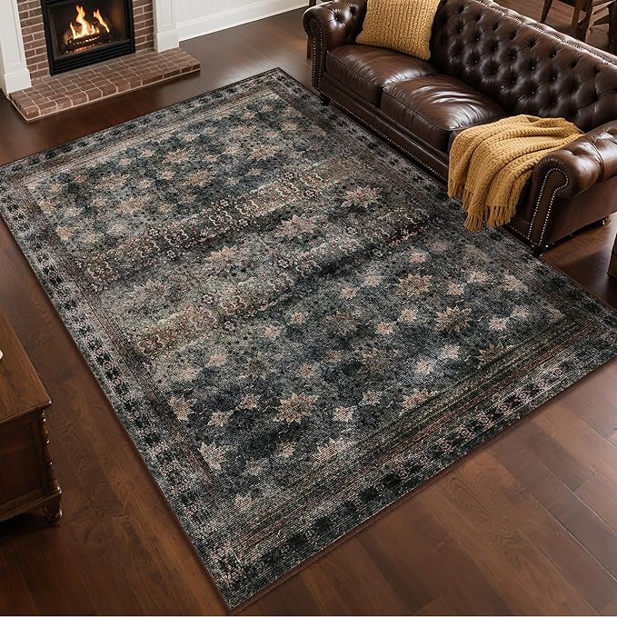 4x6 Area Rug for Bedroom Machine Washable, Non Slip Vintage Floral Kitchen Rugs for Dining Room, Rustic Indoor Floor Carpet for Kids Room, Playroom, Farmhouse, Office Brown/Multi